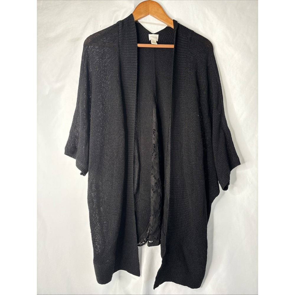 Chicos Women's 3 (16) Black Open Cardigan With Lace Detail Sweater